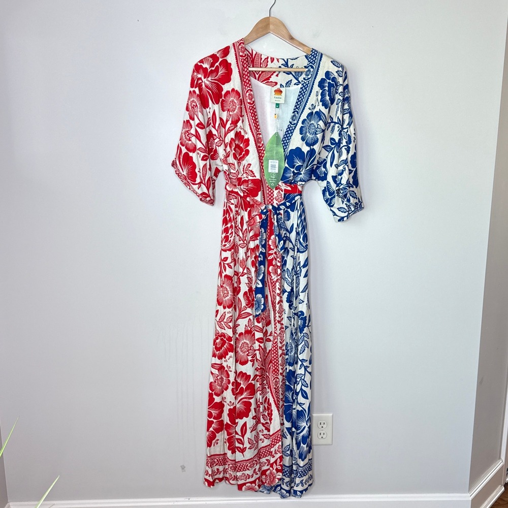 NWT Farm Rio Mixed Pineapple Garden Maxi Wrap Dress Red Blue Floral Medium - Picture 4 of 11